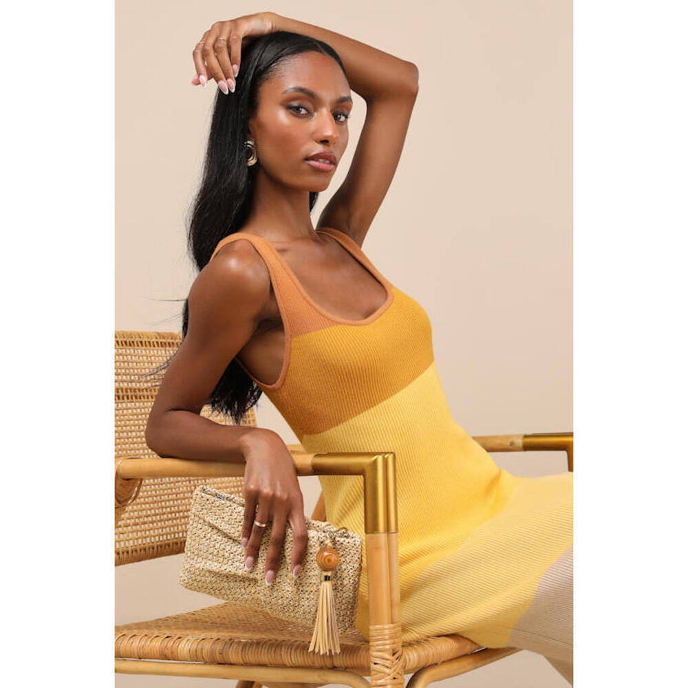 Lulus Delfi Yellow Color Block Fringe Sweater Midi Dress - Size XS NWT - Picture 2 of 8